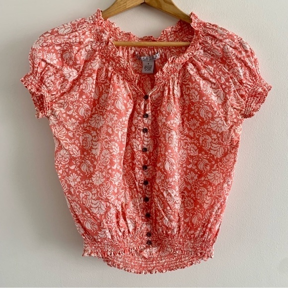 Y2K Cottage Core Boho Blouse Paisley Cotton Smocked Button Crop Top Peasant - Picture 5 of 13